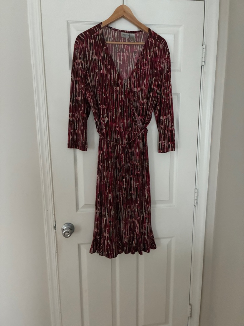 bebe Burgundy and Cream Patterned Midi Wrap Dress